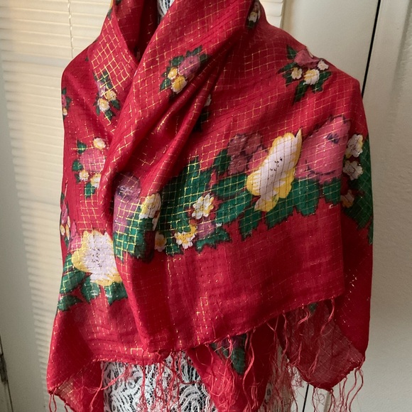 Scarf Red / Lurex Floral cotton - Picture 3 of 5